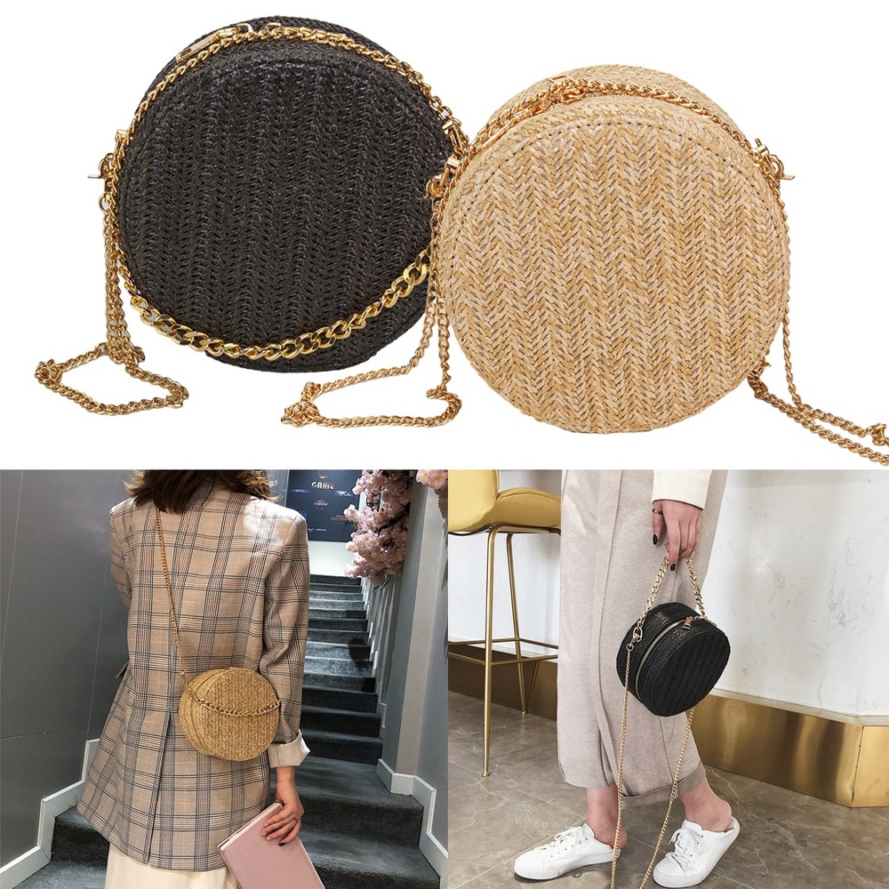Women Boho Round Rattan Bag Purse Shoulder Handbag
